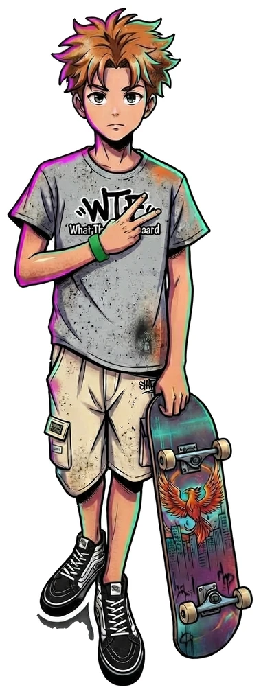 Illustration of Felix holding a skateboard, wearing a What The Fingerboard shirt