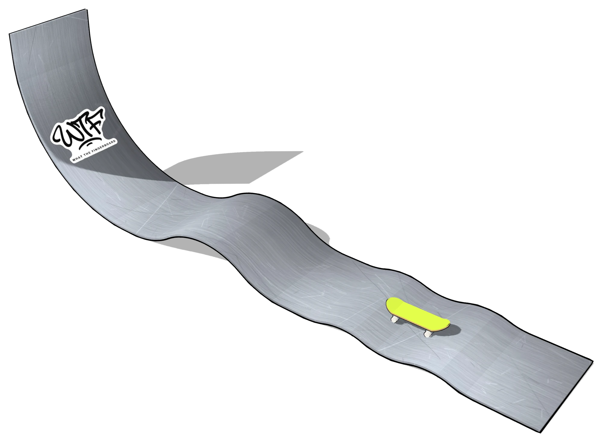 Illustration of the WTF steel track seen from above: flat start, two small bumps, one long bump and a quarter pipe with the WTF sticker